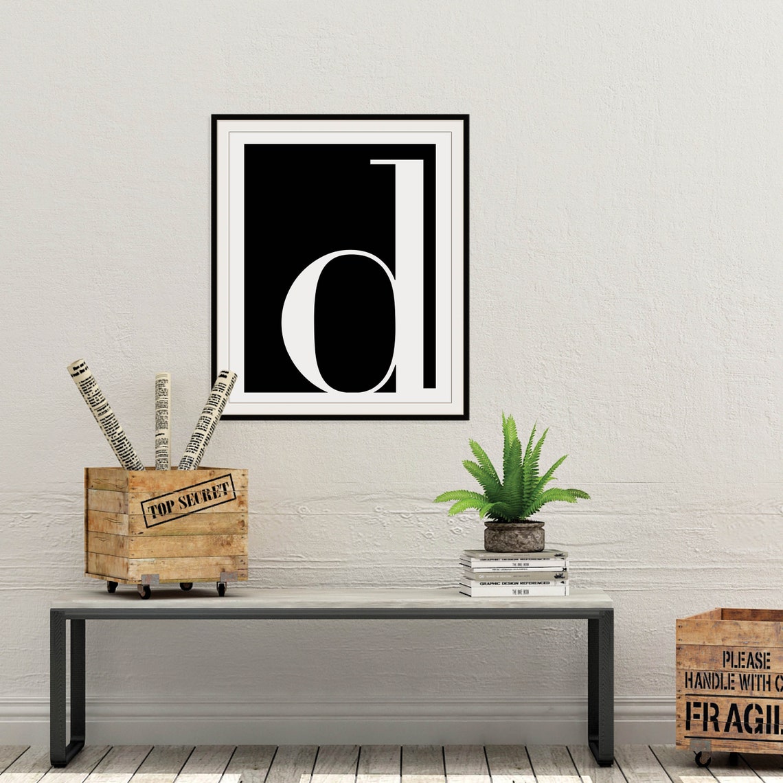 Lowercase D Letter Black White Bold Serif Typography Art Poster - Image 3
