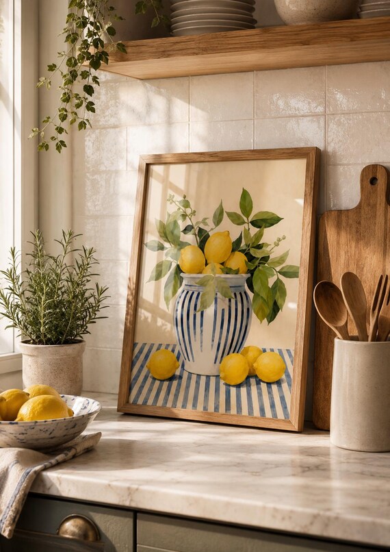 Lemon Still Life Mediterranean Kitchen Blue Striped Vase Italian Fruit Poster