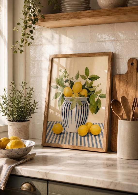 Lemon Wall Art Print Mediterranean Kitchen Decor Coastal Poster Italian Fruit Artwork Blue Vase Painting