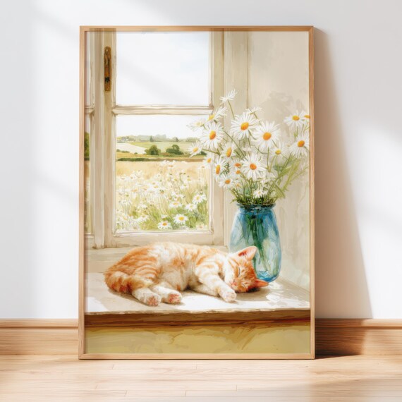 Orange and White Kitten Napping by Window Daisy Jar Watercolor Poster