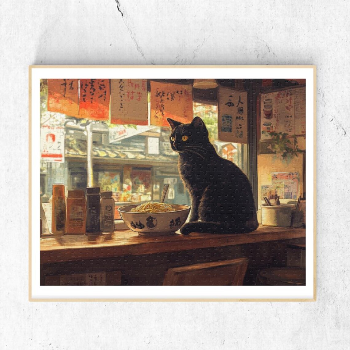 Black Cat At Ramen Bar Watercolor Poster With Noodle Bowl Night Scene
