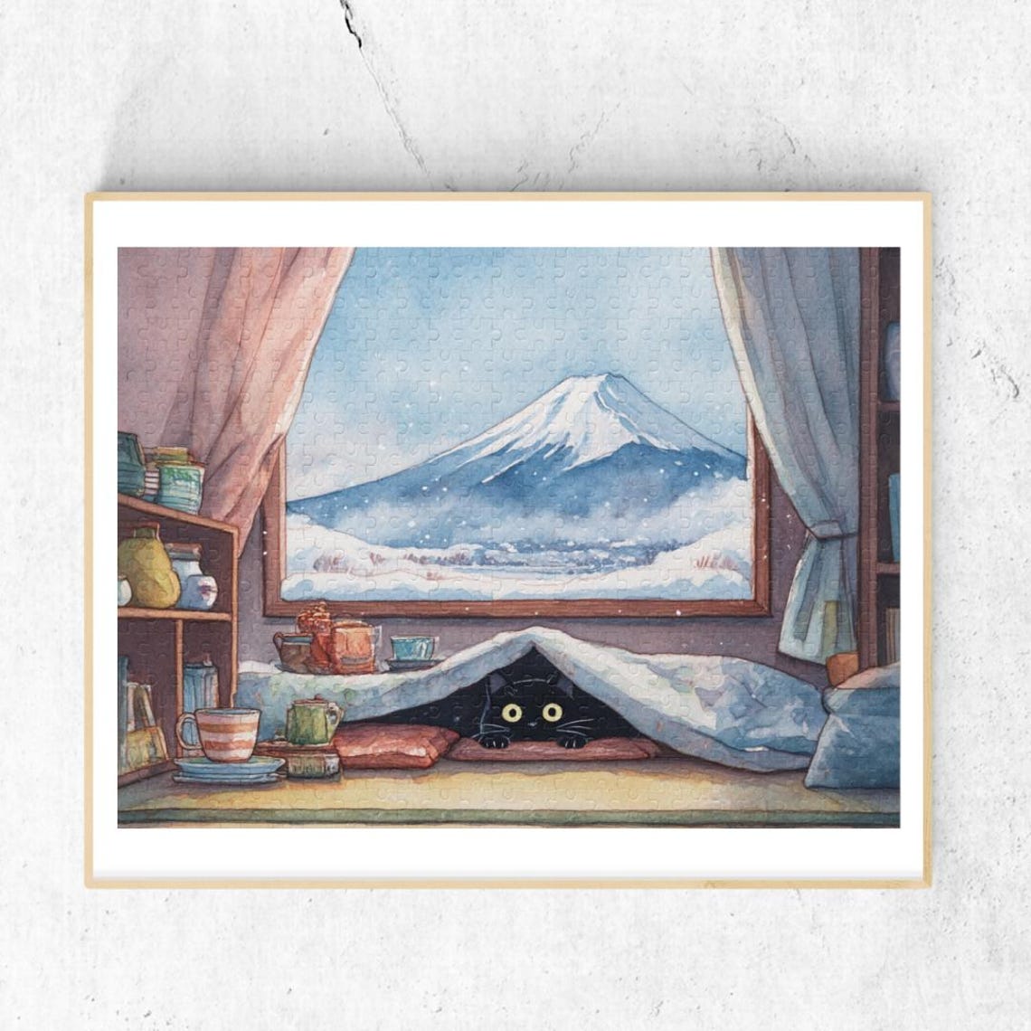 Black Cat on Windowsill with Snowy Mount Fuji Winter Art Poster