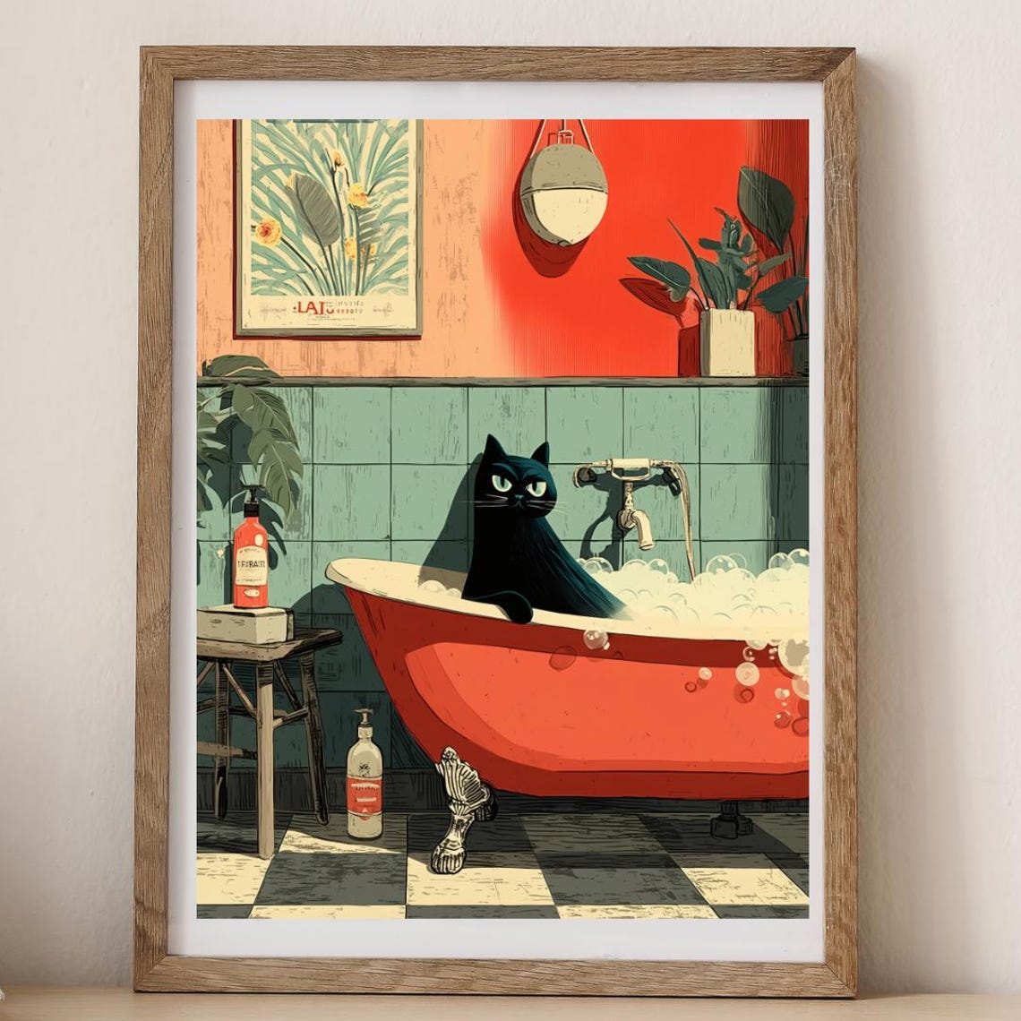 Black Cat In A Bubble Bath Retro Red Clawfoot Bathtub Bathroom Poster