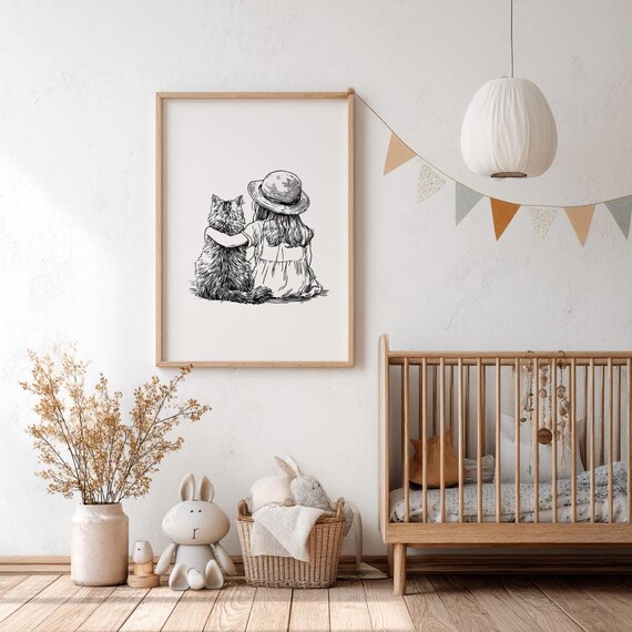 Sweet Little Girl In Hat Hugging Cat Line Art Nursery Wall Art
