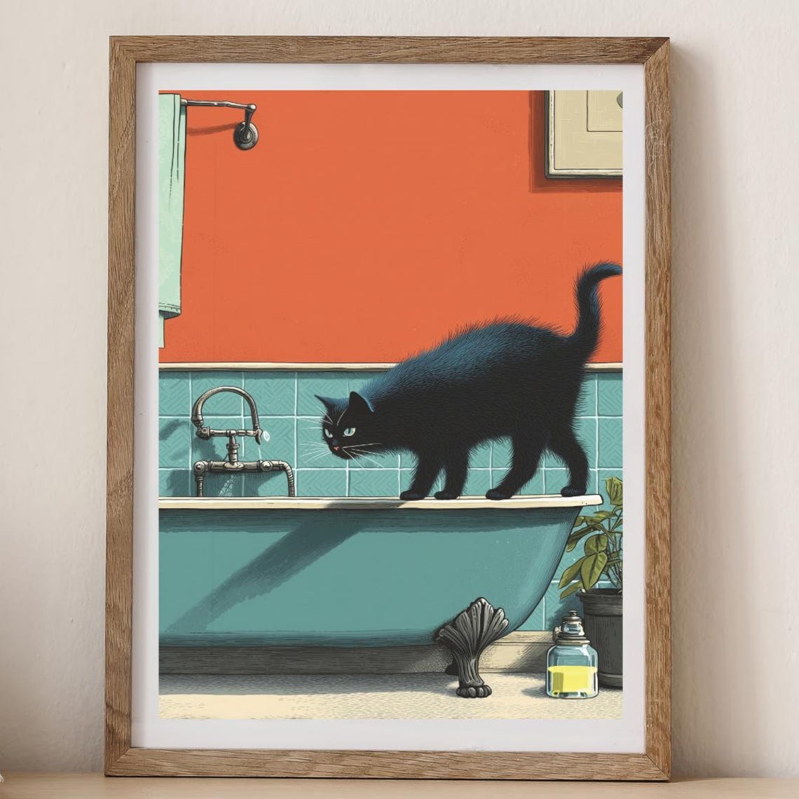 Black Cat Balancing On Bathtub Edge Retro Bathroom Decor Wall Art