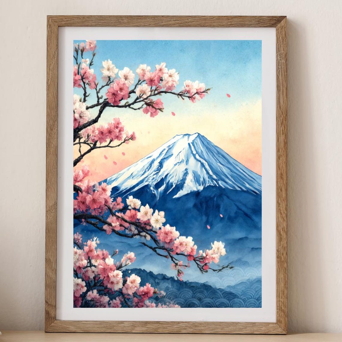 Mt Fuji With Pink Cherry Blossoms Japanese Spring Watercolor Poster