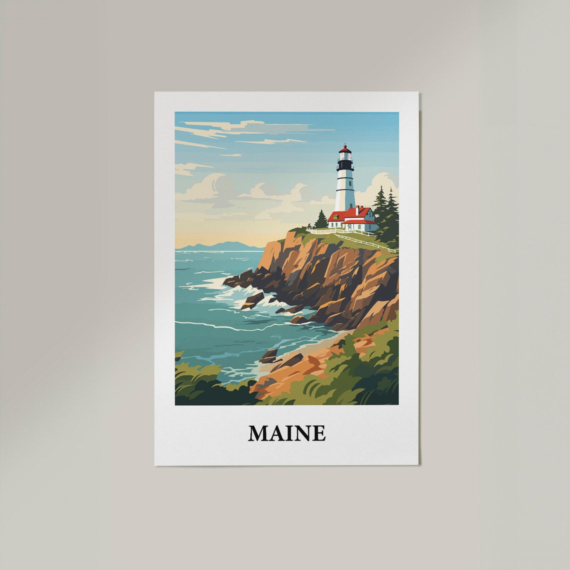 Maine Lighthouse Ocean Cliffs Vintage Style Travel Art Poster