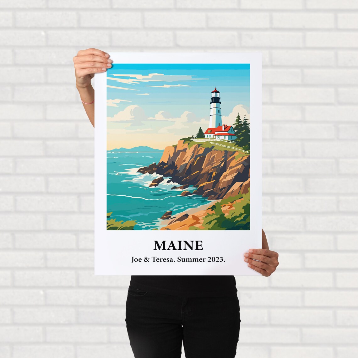 Maine Lighthouse Ocean Cliffs Vintage Style Travel Art Poster - Image 4
