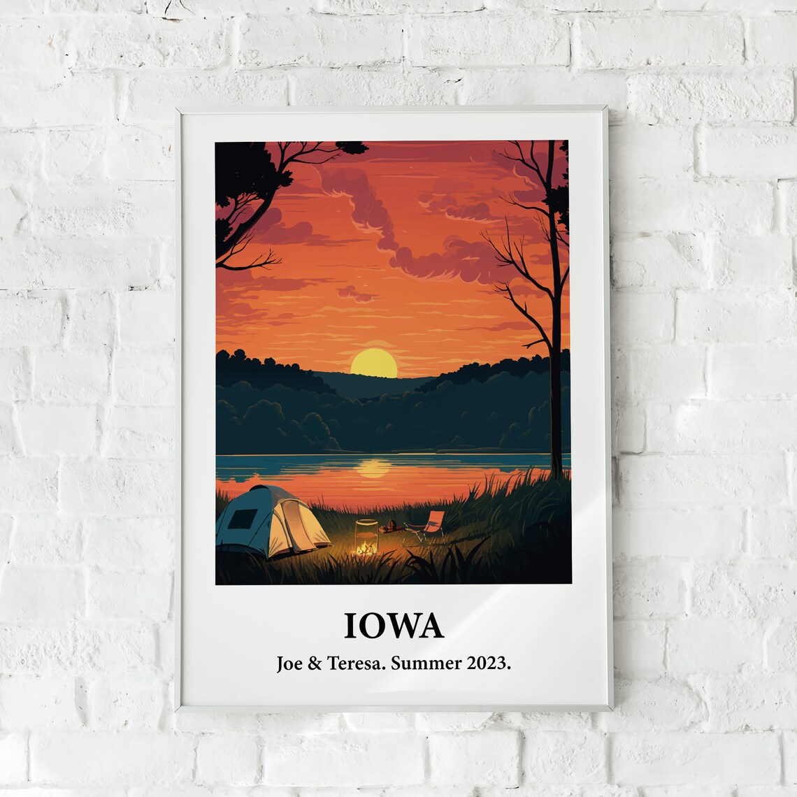 Iowa Sunset Lake Camping Tent Vintage Style Travel Art Poster