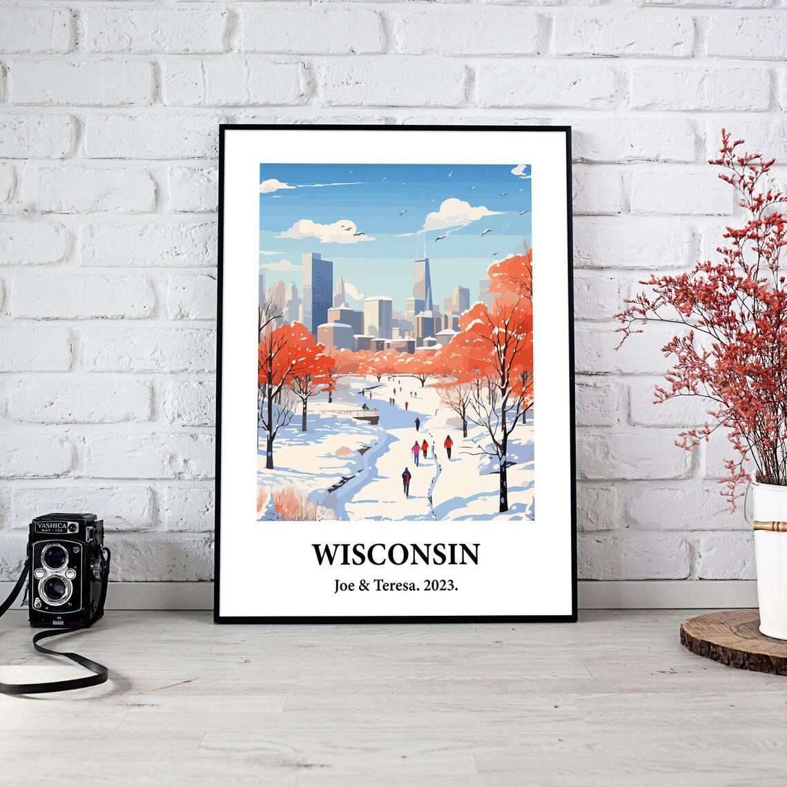 Wisconsin Winter Snow Park Skyline Vintage Style Travel Art Poster