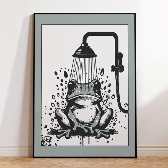 Frog In The Shower Bathroom Wall Art For Unique Scandinavian Style I Stylish Washing Room Poster In Neutral Colors I Framed Frog Print