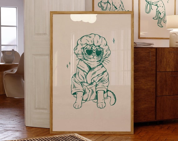 Cool Cat After Bath, Vintage Bathroom Art Print