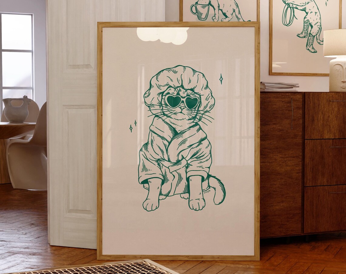 Cool Cat After Bath, Vintage Bathroom Art Print