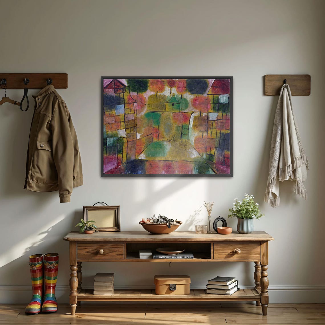 Paul Klee Framed Print Abstract Painting Of Buildings With Trees Geometric Print Green And Yellow Entryway Art Print - Image 3