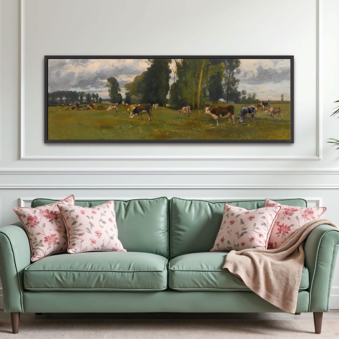 Cows Grazing in a Sunlit Green Pasture Under Tall Trees Poster