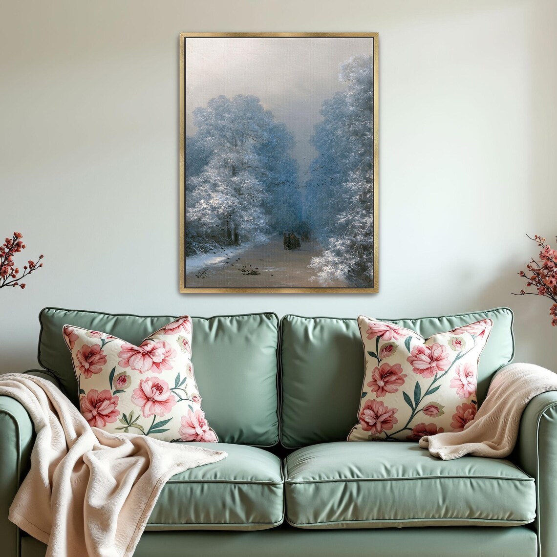 Large Framed Print Of Snowy Forest Path With Figures Landscape Print White And Blue Living Room Decor Minimalist Art