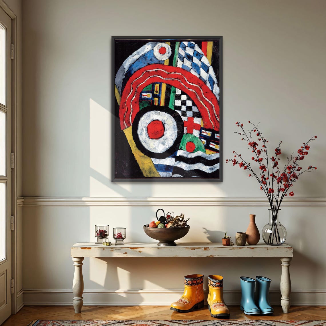 Framed Print Of Abstract Painting With Geometric Shapes Geometric Wall Art Red And White Entryway Art Minimalist Oil Painting - Image 3