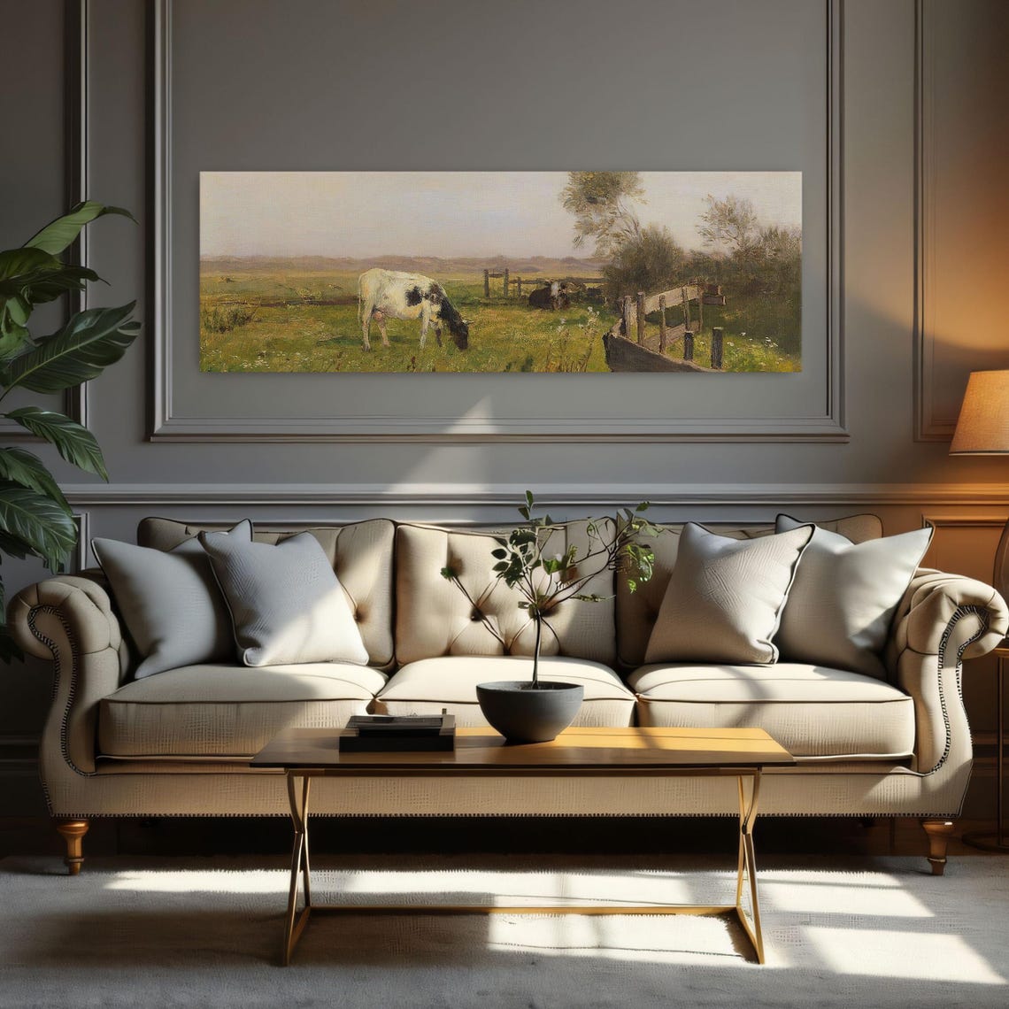 Cows Grazing in a Sunny Meadow With Rustic Wooden Fences Poster - Image 3