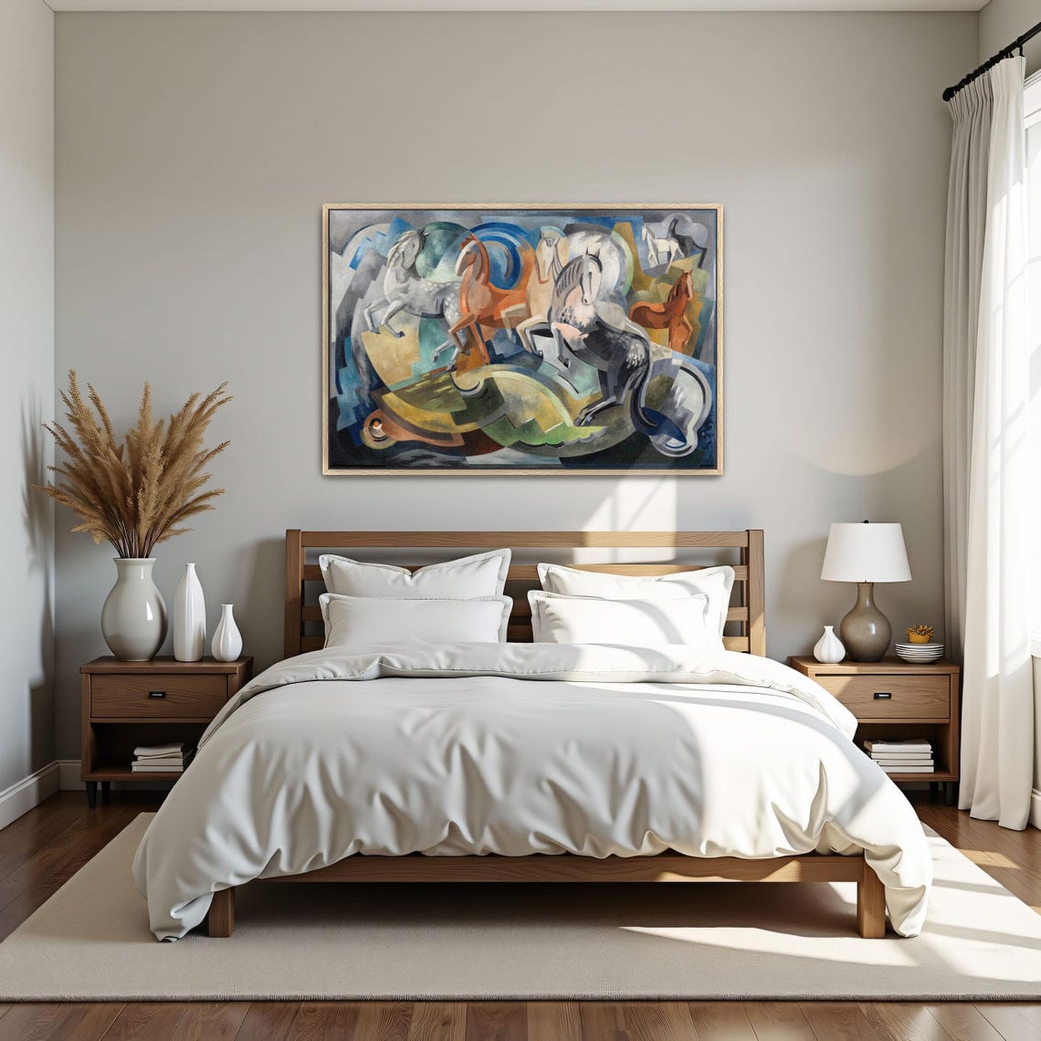 Large Framed Print Of Abstract Painting Of Five Horses Animal Wall Art Blue And Gray Bedroom Art Print Art Deco Oil Painting - Image 4