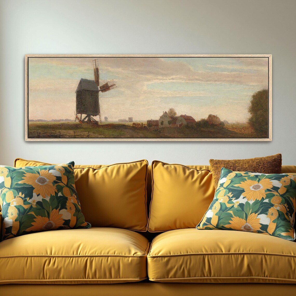 Windmill Landscape With Houses And Trees Panoramic Wall Art Horizontal Framed Art Above Bed Wall Art Bedroom And Living Room Art Wide - Image 2