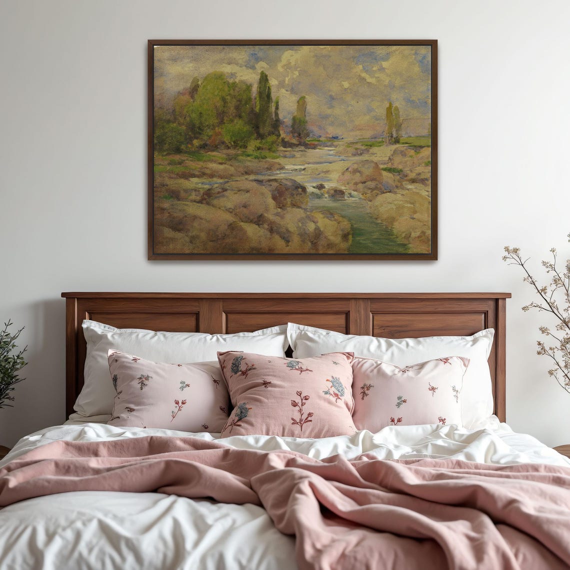 Rocky Riverbed with Green Trees under Cloudy Skies Landscape Poster - Image 2
