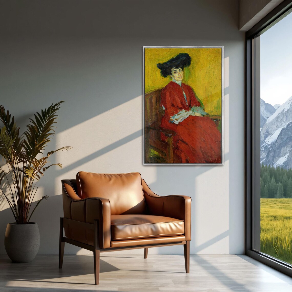 Woman In A Red Dress And Black Hat Seated On Bench Portrait Poster - Image 2