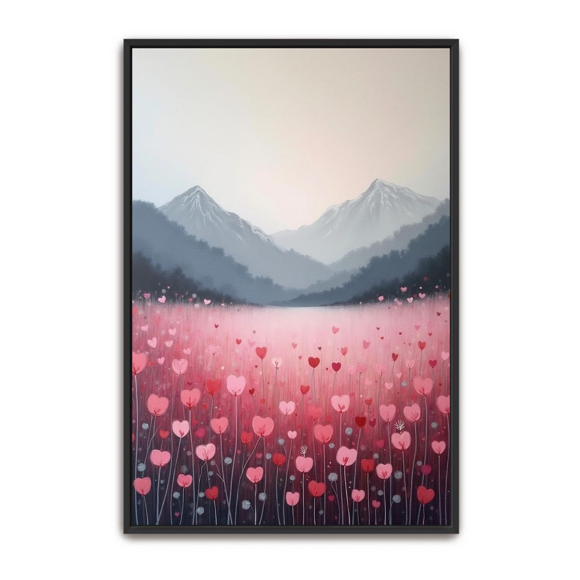 Field Of Pink Heart Shaped Flowers With Snowy Mountains Poster