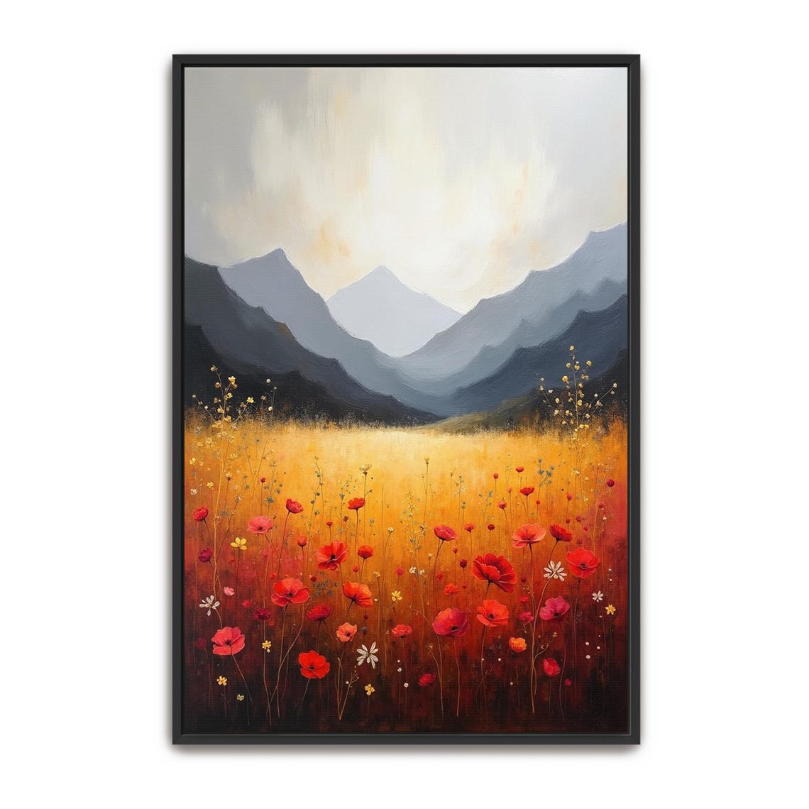 Golden Mountain Meadow with Red Poppies Rustic Landscape Poster
