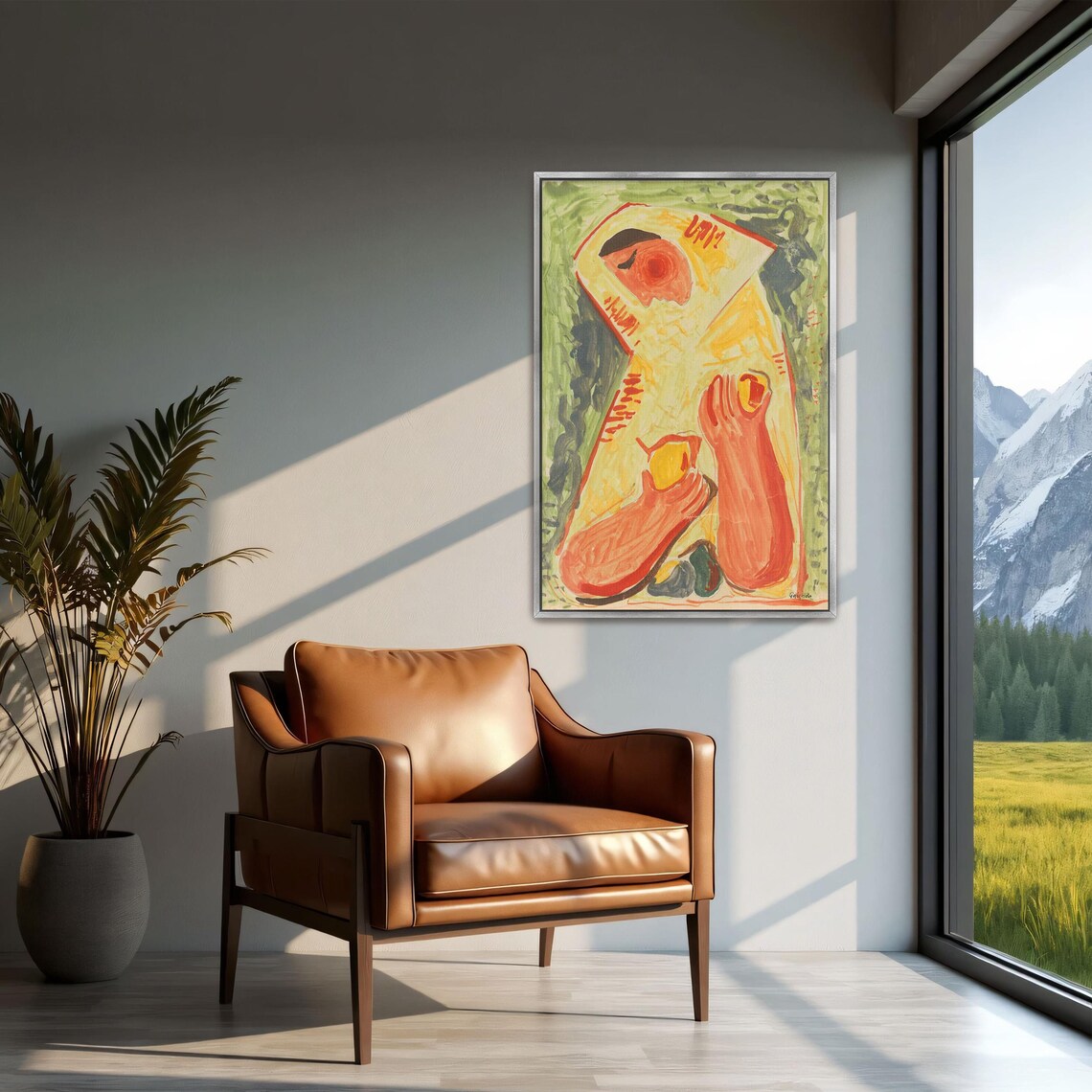 Large Framed Print Of Woman With Fruit In A Yellow Dress Portrait Print Green And Yellow Bedroom Artwork Abstract Decor - Image 2