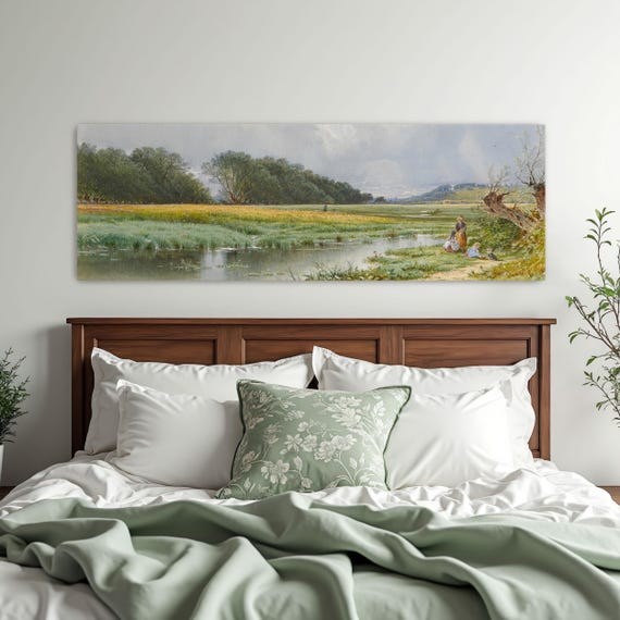 Countryside Landscape With Figures And A Stream Panoramic Wall Art Horizontal Framed Art Above Bed Wall Art Bedroom And Living Room