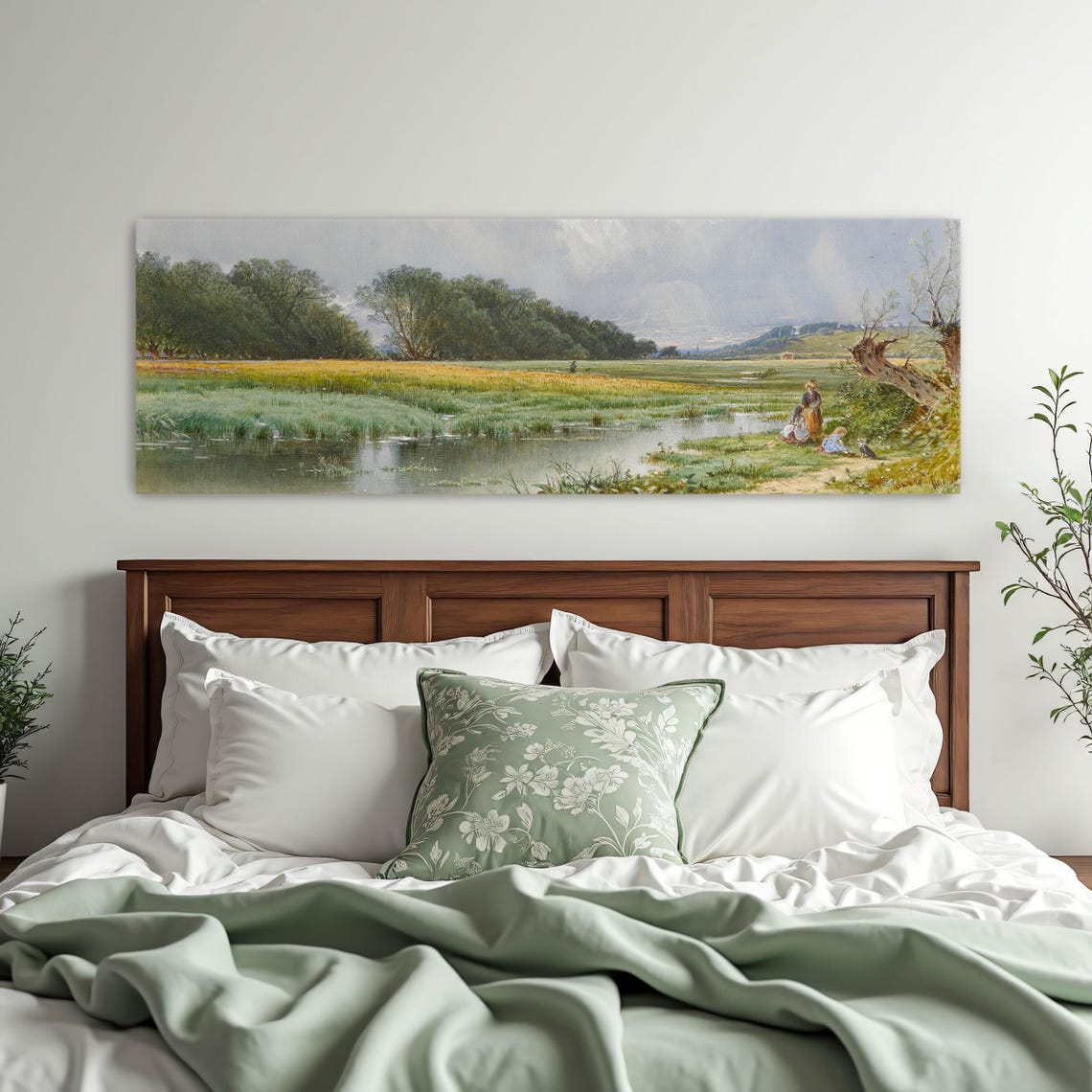 Countryside Landscape With Figures And A Stream Panoramic Wall Art Horizontal Framed Art Above Bed Wall Art Bedroom And Living Room