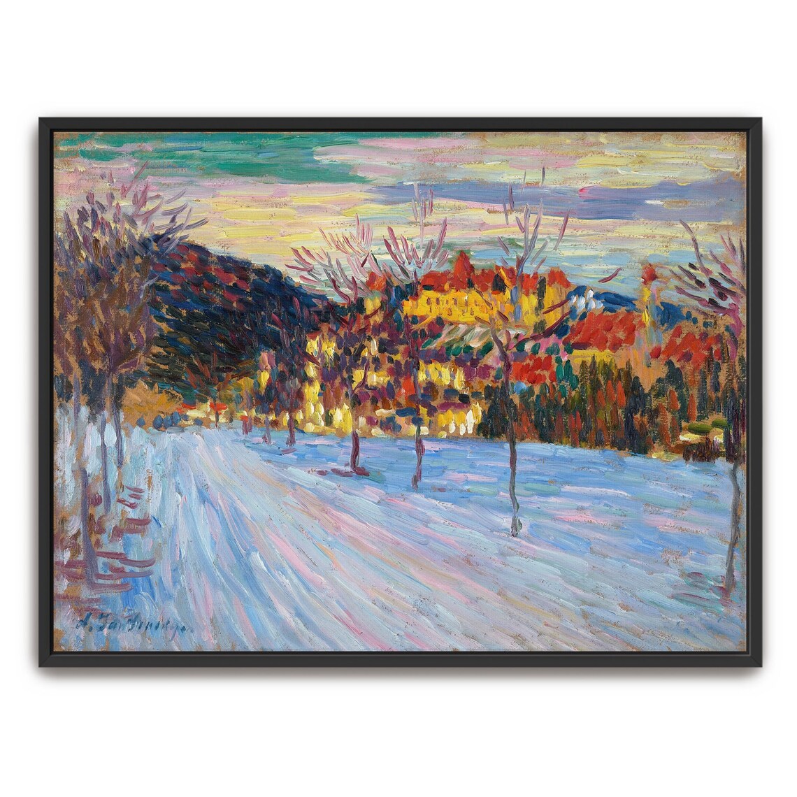 Colorful Impressionist Painting Of A Snowy Village At Dusk Poster