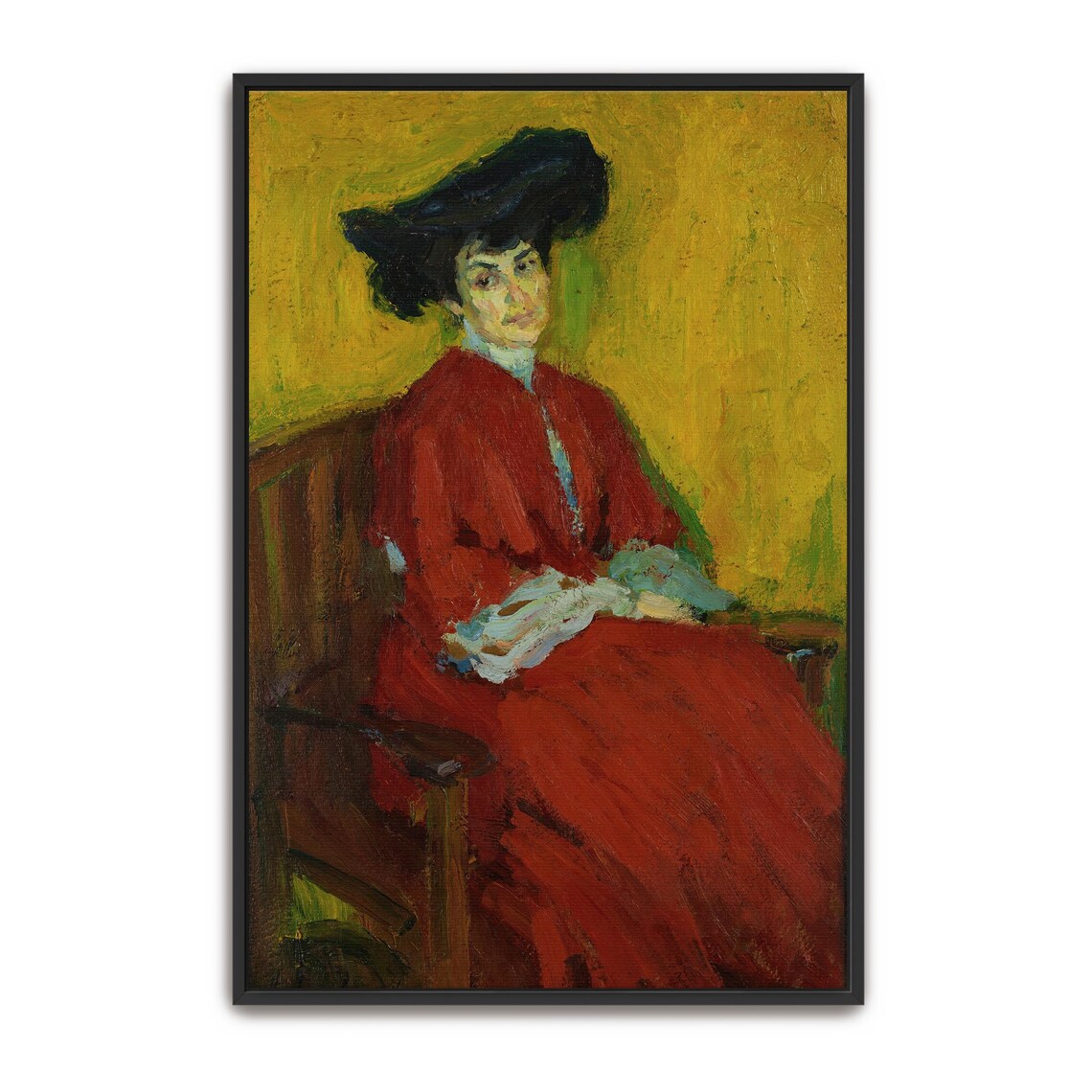Woman In A Red Dress And Black Hat Seated On Bench Portrait Poster