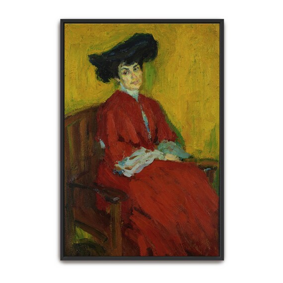 Woman In A Red Dress And Black Hat Seated On Bench Portrait Poster