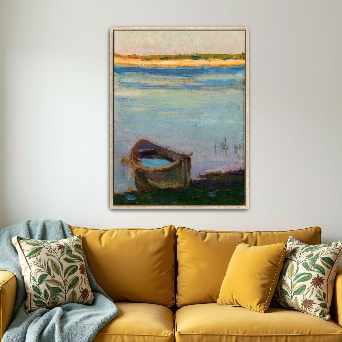 Wooden Boat on a Calm River Impressionist Landscape Scene Poster
