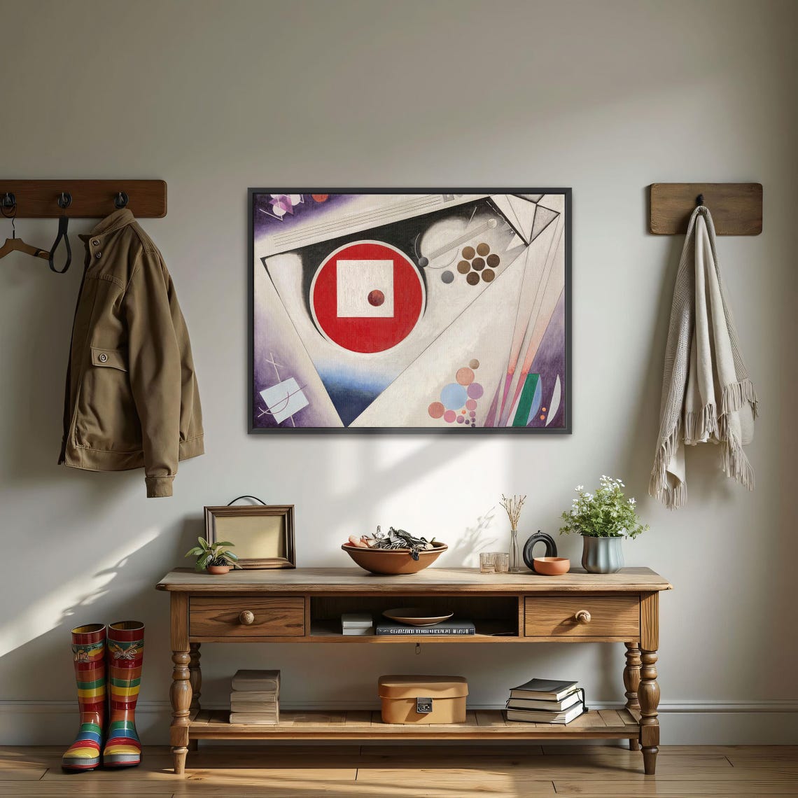 Framed Wall Art Of Abstract Art With Red Circle And Geometric Shapes Geometric Fine Art Print Red And White Bedroom Art Print - Image 3