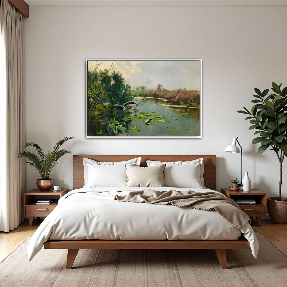 Heron in Flight Over a Lily Marsh Serene River Landscape Poster