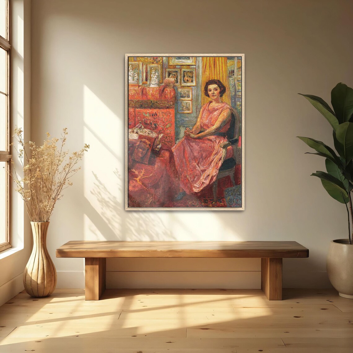 Woman in a Pink Dress Seated Among Paintings in a Studio Poster - Image 4