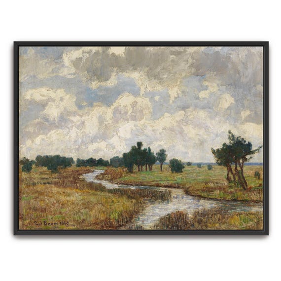 Large Framed Print Of A River Meanders Through A Field Landscape Print White And Blue Bedroom Art Print Boho Decor