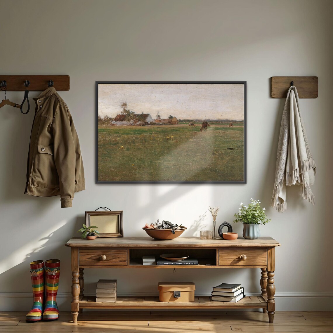 Farmhouse With Windmill in an Open Field Vintage Landscape Art Print - Image 3