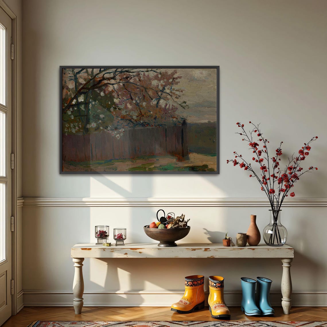 Framed Wall Art Of A Fence In A Flowering Garden Landscape Print Brown And Green Living Room Art Print Rustic Oil Painting