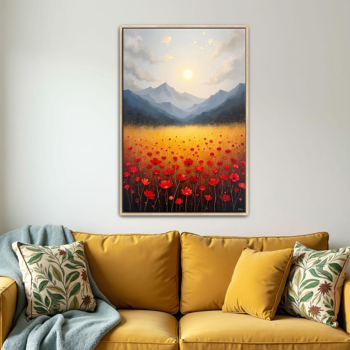 Vast Red Flowers Field At Sunset Beneath A Mountain Range Poster - Image 4