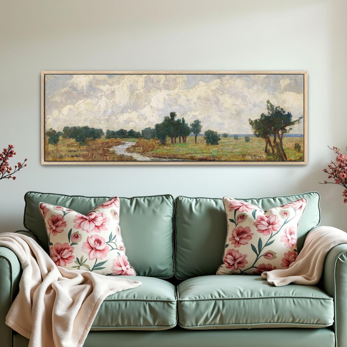 Landscape Painting With River And Trees Panoramic Wall Art Horizontal Framed Art Above Bed Wall Art Bedroom And Living Room Art Wide - Image 2