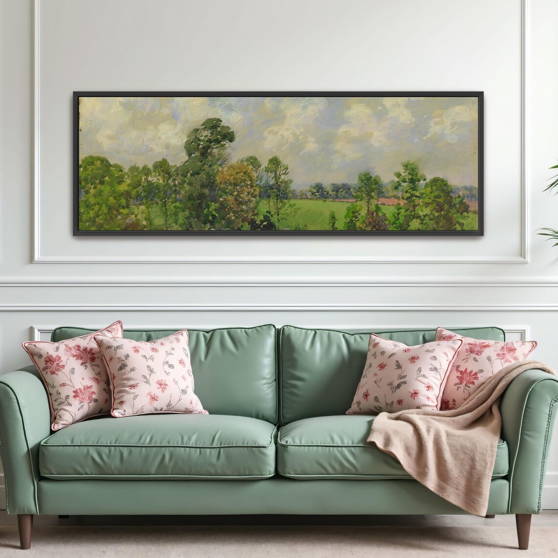 Watercolor Landscape Painting Green Trees And Clouds Panoramic Wall Art Horizontal Framed Art Above Bed Wall Art Bedroom And Living - Image 4