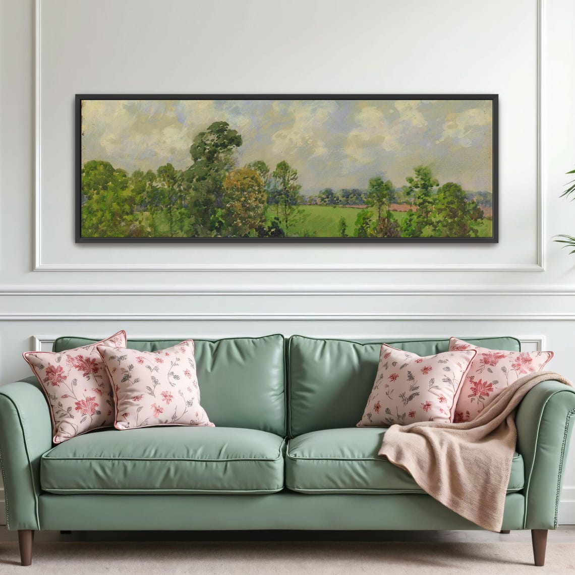 Watercolor Meadow Landscape With Green Trees and Clouds Poster - Image 4
