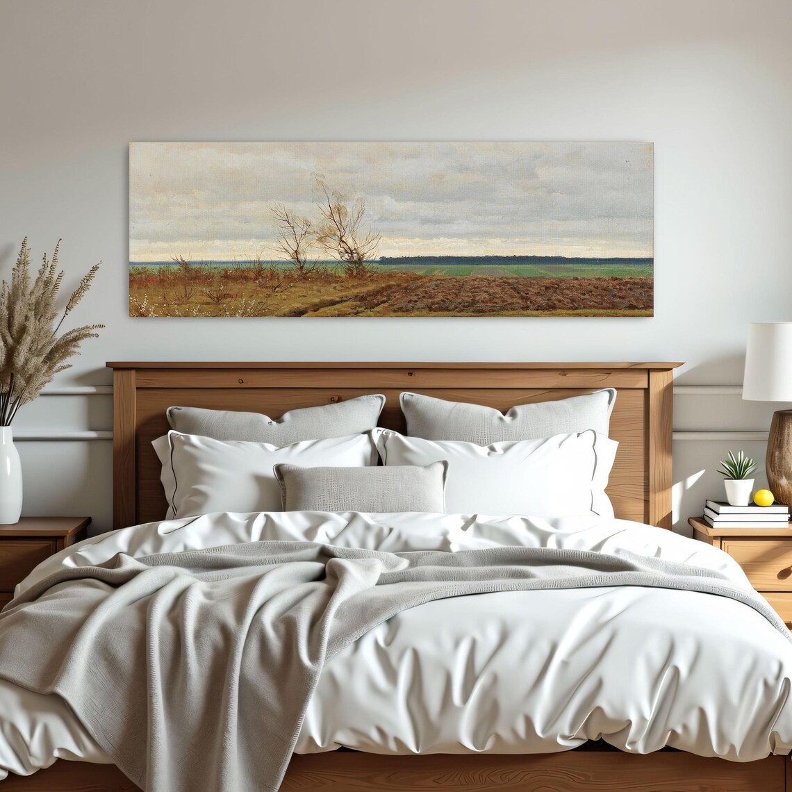 Landscape Painting With Trees And Field Panoramic Wall Art Horizontal Framed Art Above Bed Wall Art Bedroom And Living Room Art Wide