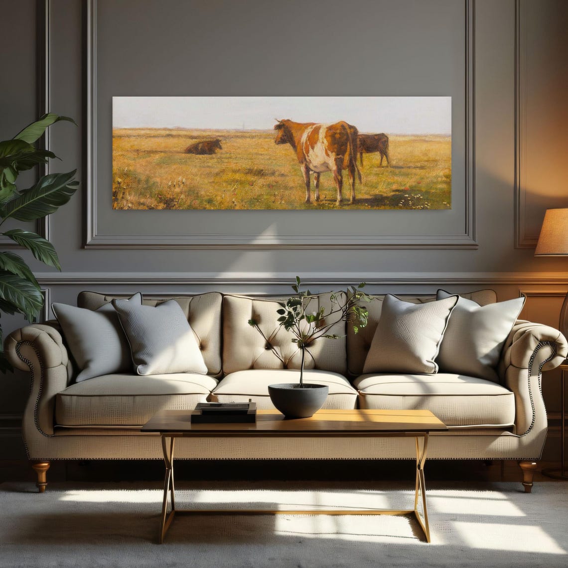 Cows Resting and Grazing in a Golden Field Under a Pale Sky Poster - Image 3