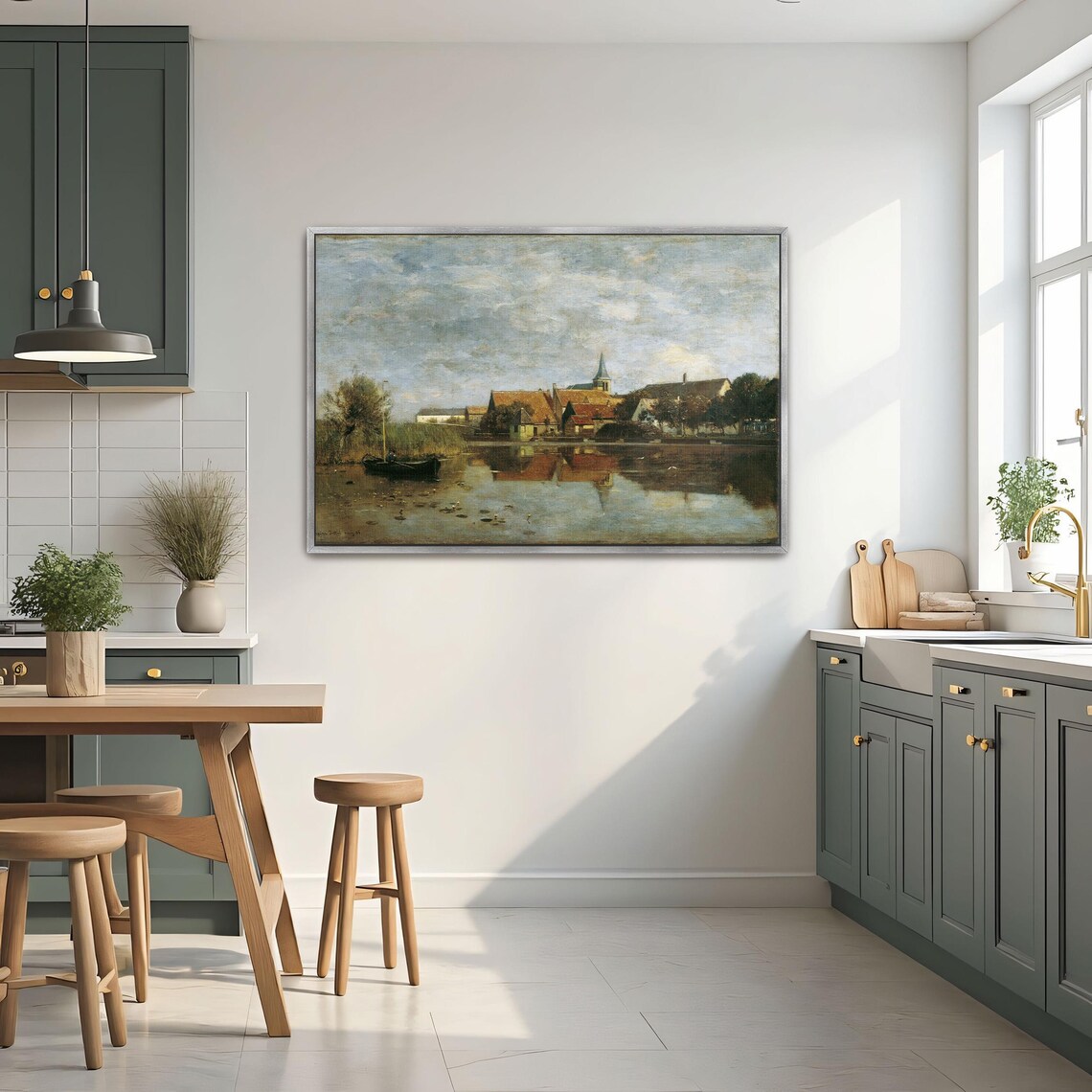 Peaceful Village by the Lake with a Boat and Church Landscape Poster - Image 3