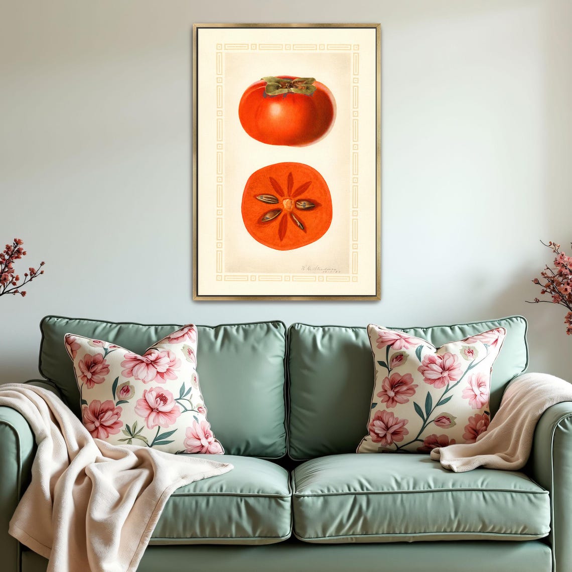 Two Persimmons Botanical Vintage Fruit Still Life Illustration Poster