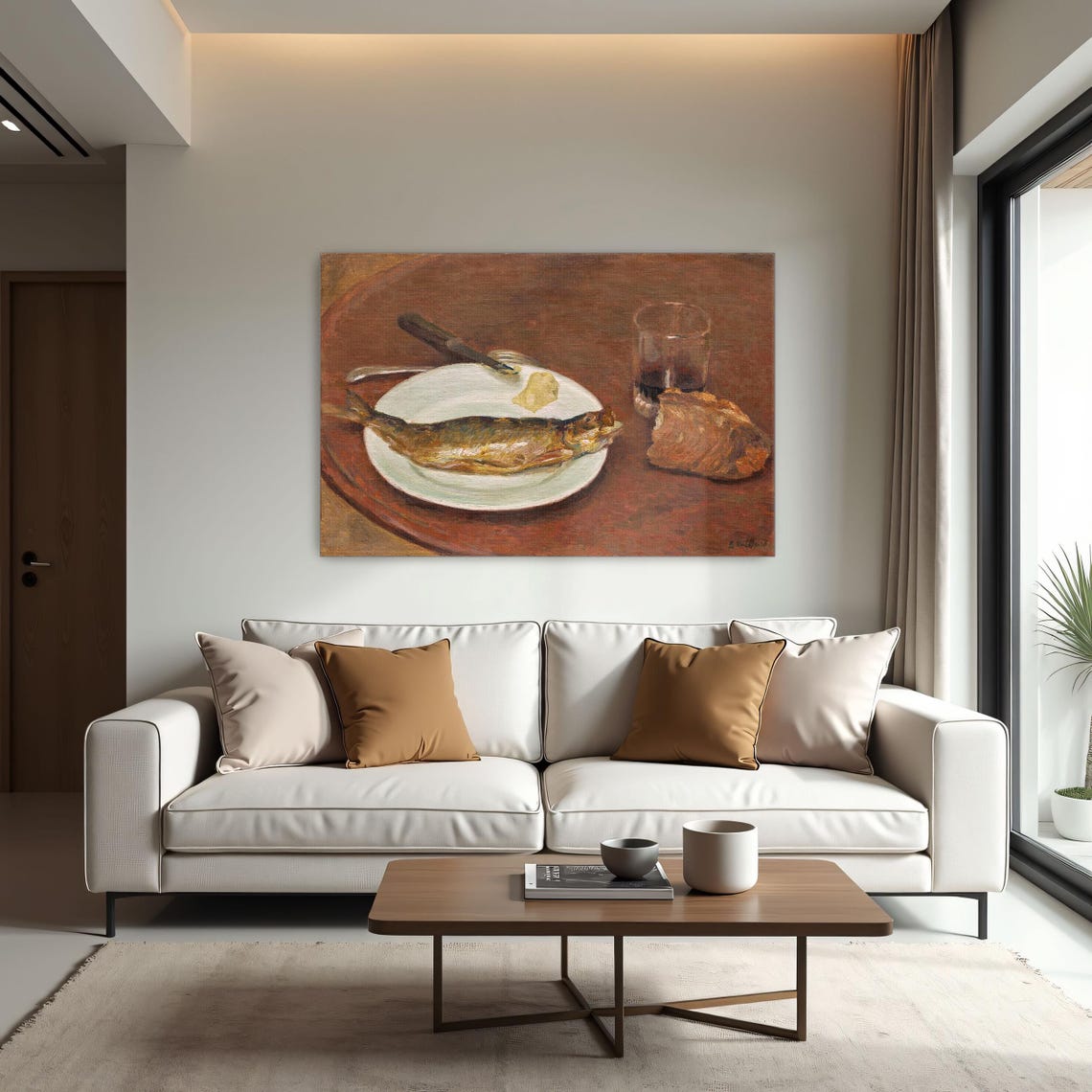 Large Framed Print Of Still Life With A Fish Bread And Glass Animal Print Brown And White Bedroom Artwork - Image 2